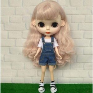 blythe (Dセットデニムパンツ＋白Tシャツ)★YR EARTH ブライスアウトフィット S086 ショート丈サロペットTシャツセット ドール服 人形 衣装 1/6スケール